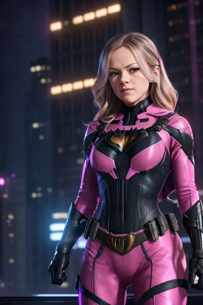 The image shows a woman dressed in a pink and black superhero costume. She has long blond hair and blue eyes. She is standing on a rooftop in a city at night. The background is blurred, with the lights of the city visible in the distance.