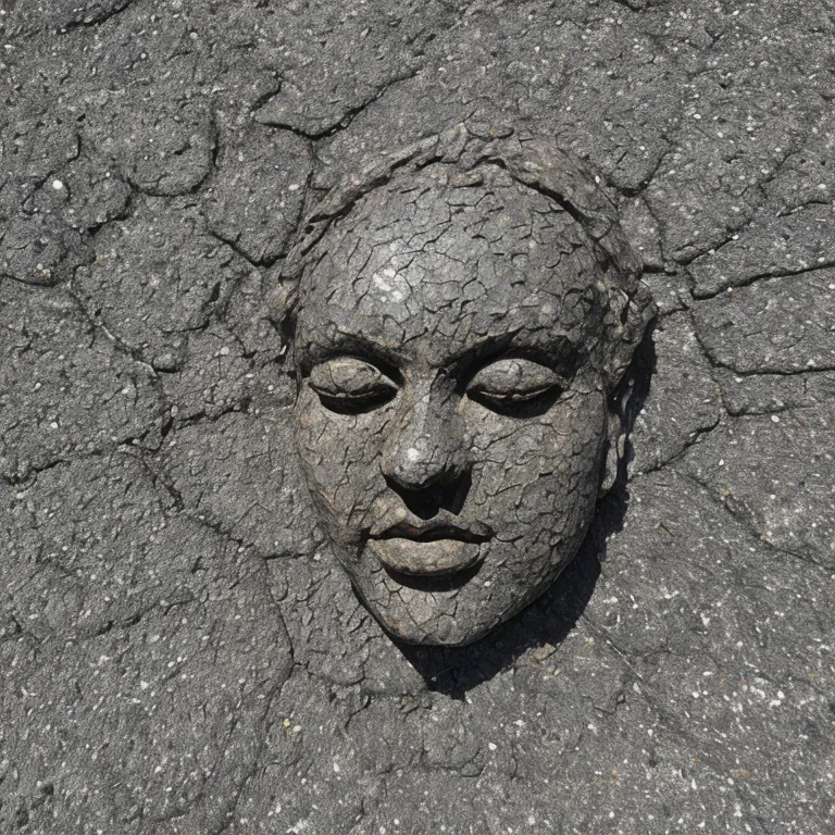 L'image est un gros plan d'une sculpture du visage d'une femme. La sculpture semble être faite de béton et est encastrée dans une surface d'asphalte fissurée. Les yeux de la femme sont fermés et son expression est sereine. La sculpture se détache sur un fond sombre.