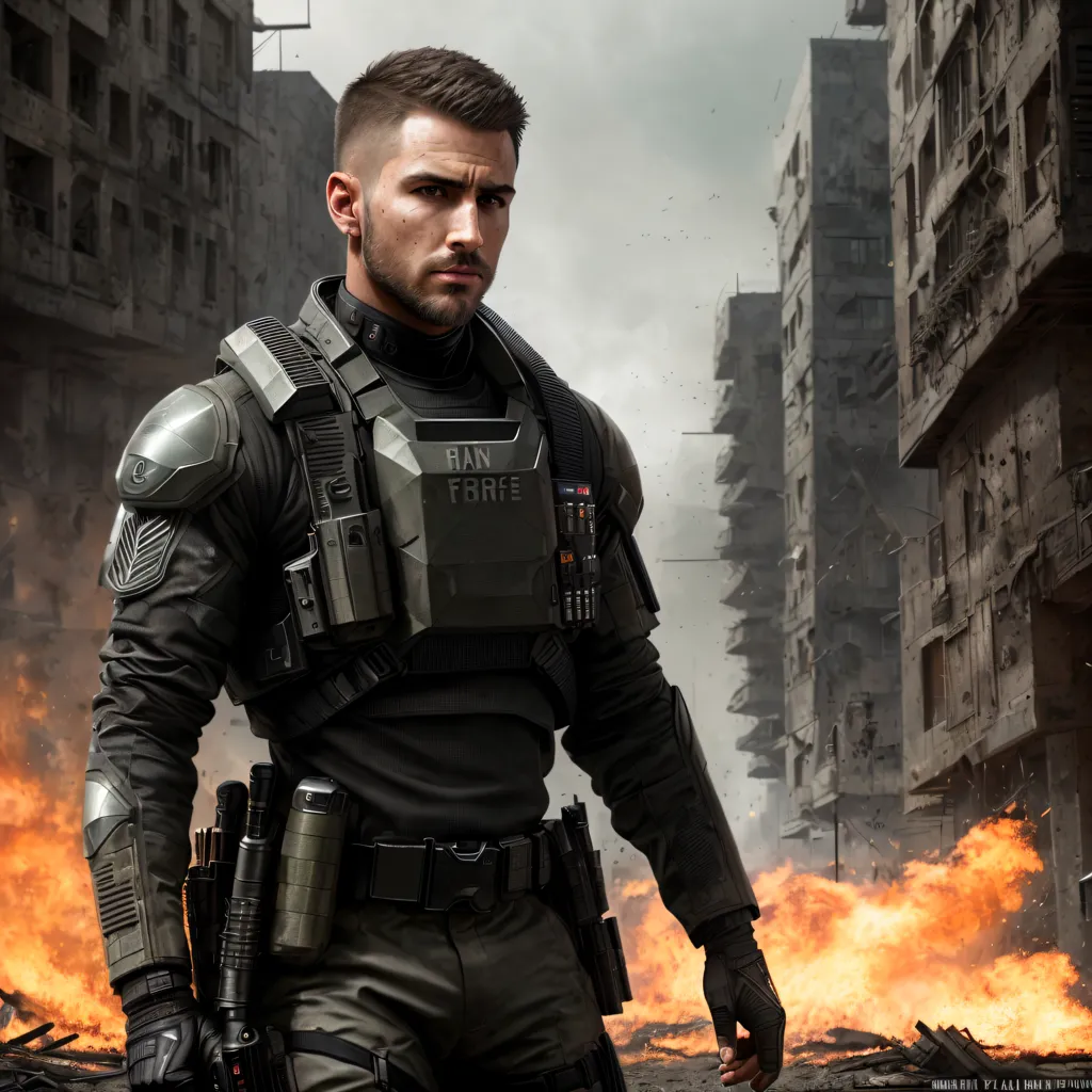 The image shows a soldier wearing futuristic military gear. He is standing in a war-torn city, with buildings in ruins and fires burning in the background. The soldier is wearing a black and green uniform, with a helmet and body armor. He is carrying a gun and looks like he is ready for battle.