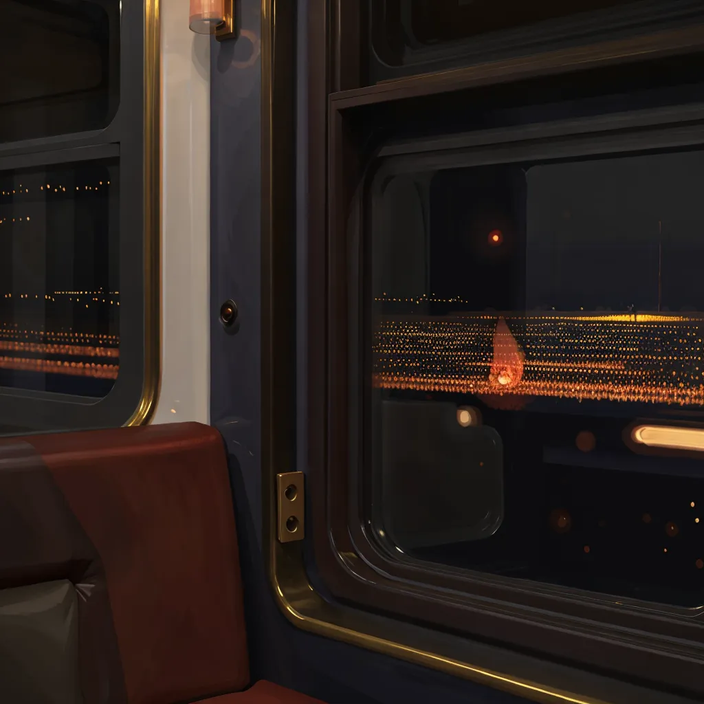 L'image se déroule dans un wagon de train. Il y a deux fenêtres sur le côté gauche du wagon. La première fenêtre est recouverte d'un reflet du ciel nocturne et la deuxième fenêtre montre une vue du ciel nocturne. Le ciel nocturne est rempli d'étoiles et d'une lune brillante. Le wagon de train est vide à l'exception d'un siège rouge au premier plan.