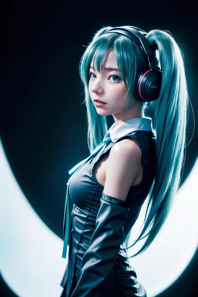 The picture shows a young woman with long blue hair. She is wearing a black and blue outfit and headphones. She is looking at the camera with a serious expression. The background is a dark blue color.