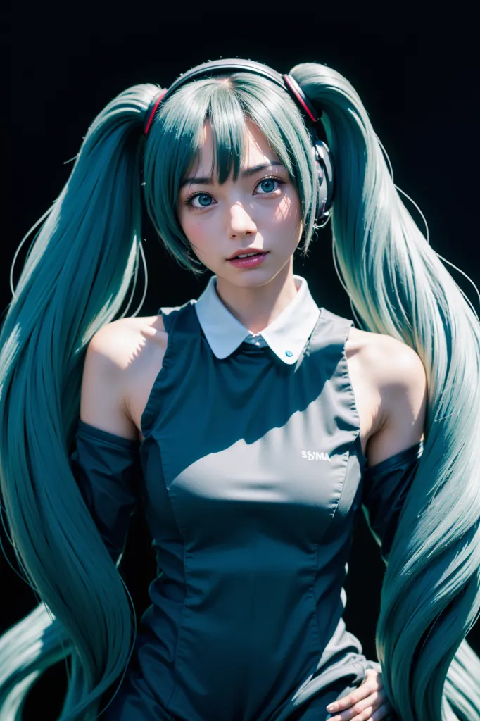 The picture shows a young woman, probably in her late teens or early twenties, with an expression of surprise on her face. She has long, teal-colored hair that is styled in twin ponytails and teal-colored eyes. She is wearing a sleeveless, gray bodysuit that has a white collar and white trim around the armholes. She is also wearing a pair of black headphones.