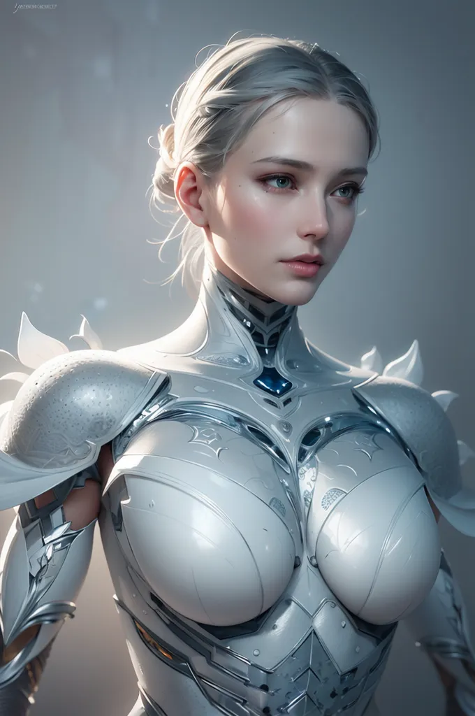 The image is a portrait of a beautiful woman with long white hair and blue eyes. She is wearing a white and silver armor with a blue gem in the center. The armor has intricate details and designs. The woman's expression is serious and determined. She looks like a warrior who is ready to fight. The background is a soft grey.