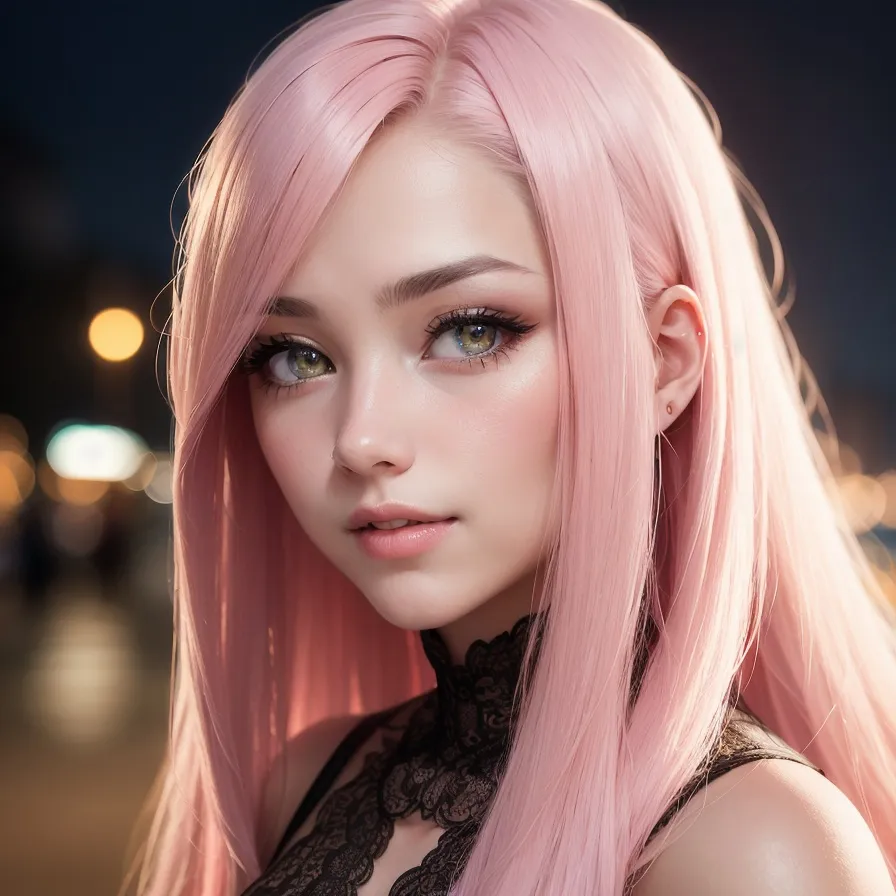 La imagen es un retrato de una mujer joven con el cabello rosa. Tiene ojos verdes y lleva un vestido negro de encaje. El fondo está borroso y fuera de foco. La mujer mira al espectador con una sonrisa ligeramente tersenyum en su rostro.