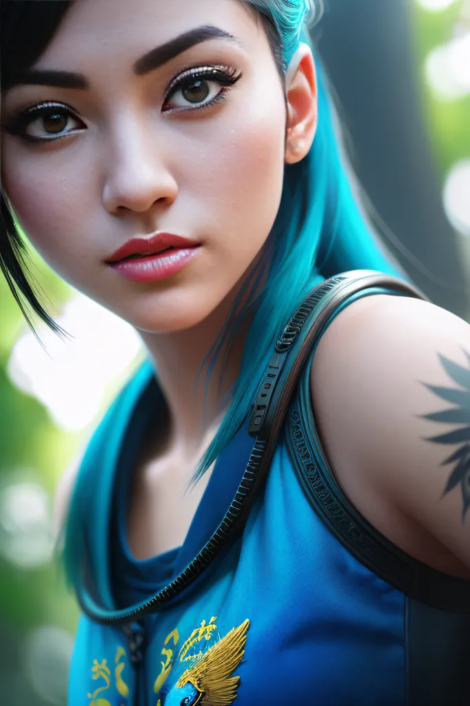 A imagem mostra uma mulher jovem com cabelo azul e olhos castanhos. Ela está usando uma regata azul e tem uma tatuagem no ombro. O fundo está desfocado, e a mulher olha para a câmera com uma expressão séria.