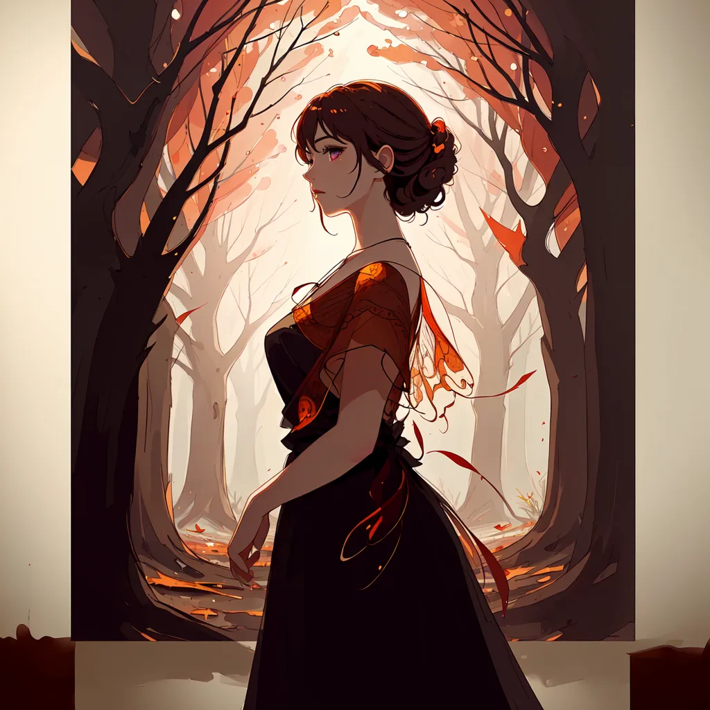 The picture shows a beautiful woman in a black dress with red and orange details. She has brown hair and purple eyes and is standing in a forest. The trees are bare, and the ground is covered with fallen leaves. There is a red butterfly on her right arm. The woman is looking to the left of the picture, away from the viewer. She is wearing a thoughtful expression.