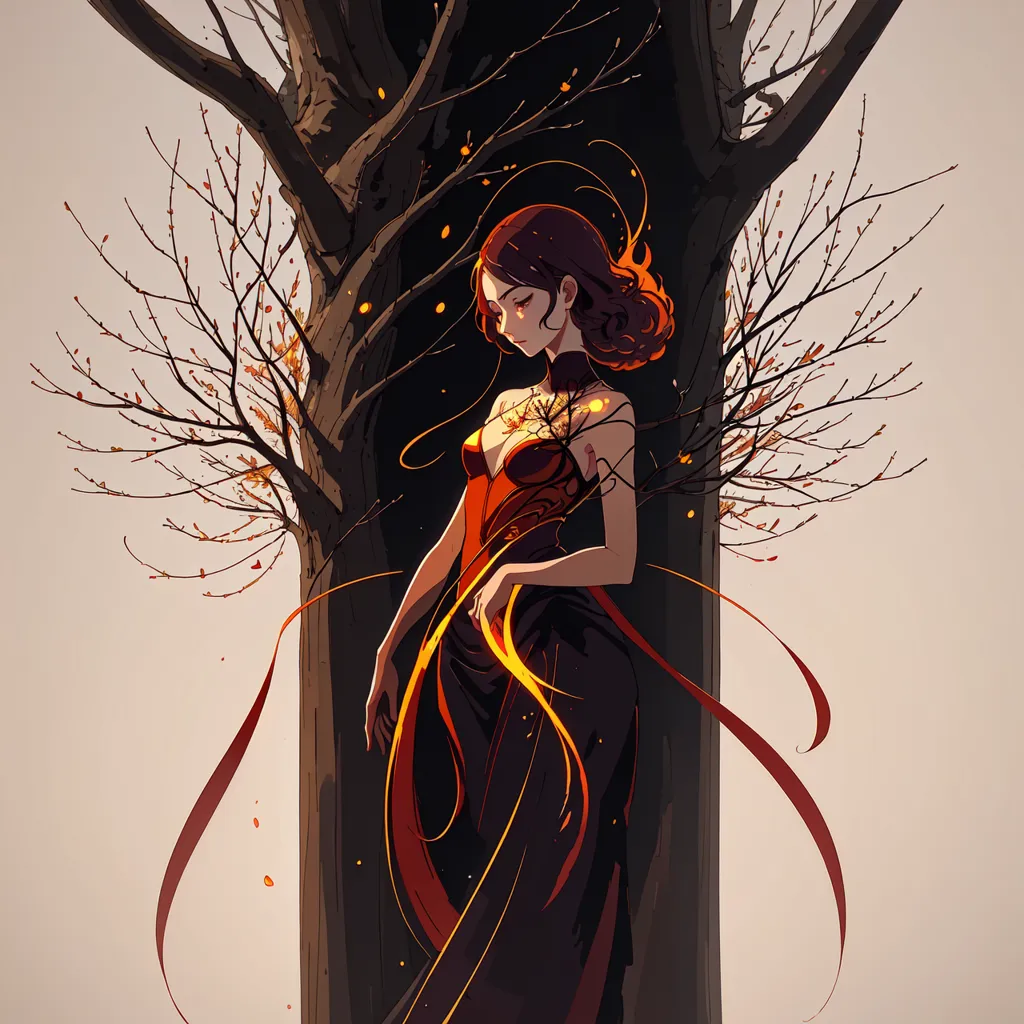 La imagen muestra a una hermosa mujer de pie frente a un árbol. La mujer lleva un vestido rojo con escote de corazón y una abertura hasta el muslo. Tiene el cabello largo y castaño y ojos rojos. El árbol es grande y tiene un tronco grueso. Sus ramas están desnudas. La mujer está de pie en un campo de flores rojas. Hay una gran mariposa blanca en su brazo derecho. El fondo es un degradado de naranja y amarillo.