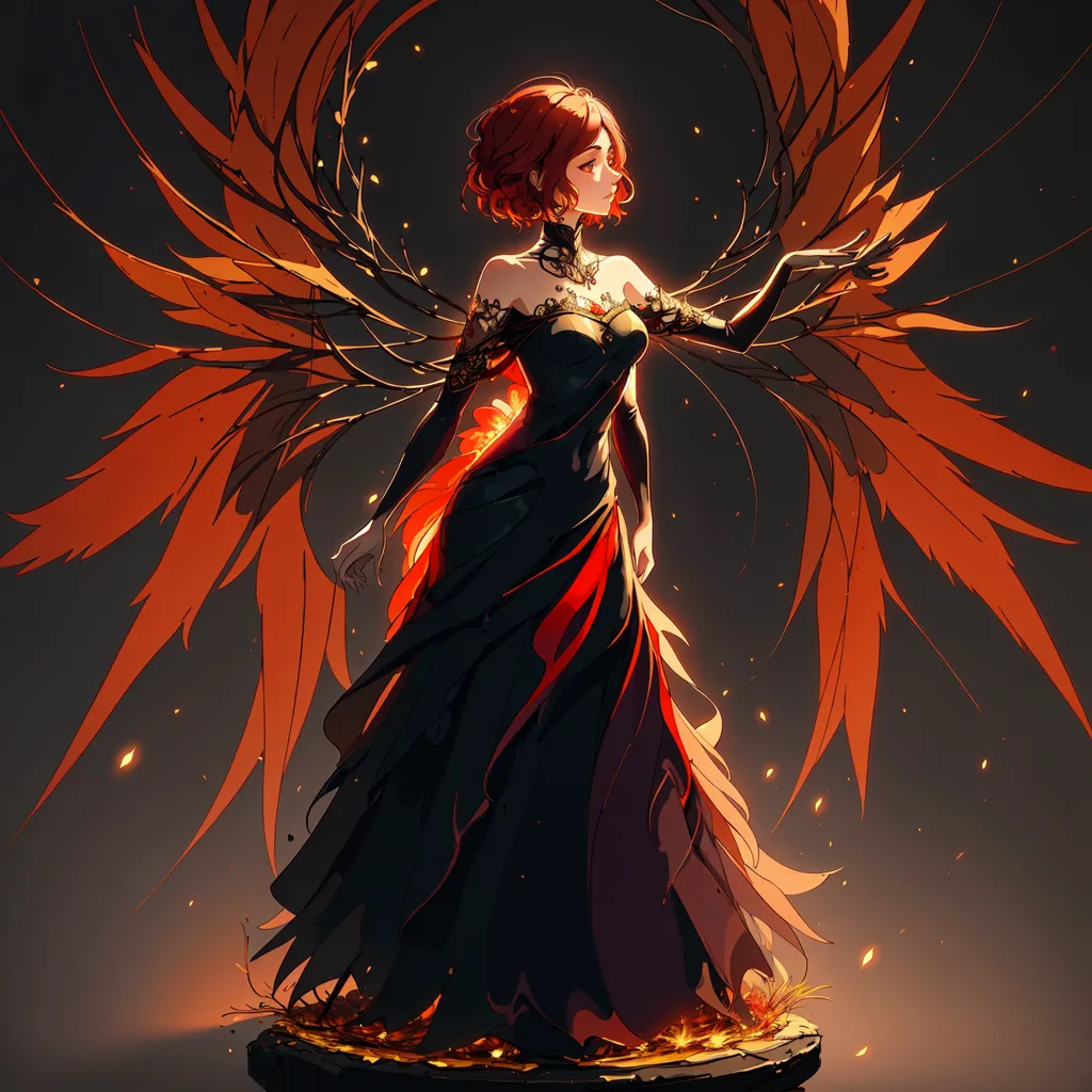 This is an image of a woman with long red hair and black wings. She is wearing a black dress with a red sash and has a red gem on her neck. She is standing on a pedestal and has a fiery glow around her. She is also surrounded by autumn leaves.