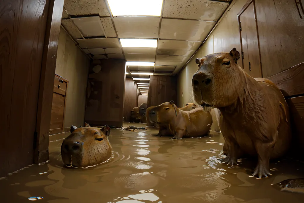 The image shows a group of capybaras in a flooded hallway. The capybaras are of different sizes and ages. Some of them are swimming, while others are standing or sitting on the edge of the water. The water is murky and brown. The hallway is long and narrow, with doors on either side. The walls are made of concrete and are painted white. The ceiling is made of tiles. There is a light fixture on the ceiling.