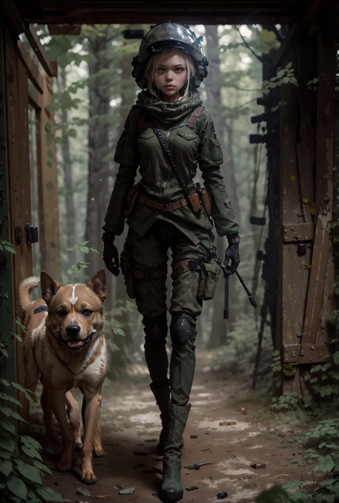 The image shows a young woman in military gear walking through a forest. She is wearing a green uniform, a helmet, and a backpack. She is also carrying a gun. The woman is walking with a dog. The dog is brown and white. The woman and the dog are walking on a path. The path is surrounded by trees. The trees are tall and green. The sun is shining through the trees. The image is realistic and detailed. The woman's face is expressive and her eyes are full of determination. The dog is also very detailed and its fur is soft and fluffy. The image is set in a post-apocalyptic world. The woman is a survivor and she is determined to find a safe place to live. The dog is her companion and her protector.