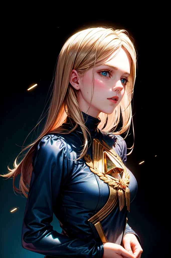 The image is a portrait of a beautiful young woman with long blonde hair and blue eyes. She is wearing a blue and gold outfit with a high collar and a gold necklace. The woman has a serious expression on her face and is looking to the right of the frame. There are several small, glowing, blue-white objects in the background.