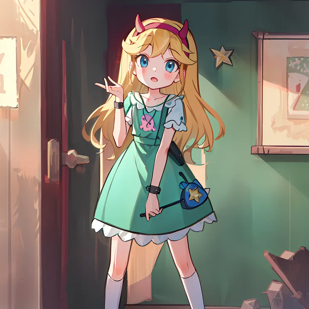 The image is of a young girl with long blonde hair and blue eyes. She is wearing a green dress with a white collar and a pink bow. She is also wearing a blue backpack and a pair of white socks. She is standing in a room with a wooden door and a green wall. There is a picture on the wall and a pile of wood on the floor. The girl is holding a magic wand in her right hand and has her left hand raised.