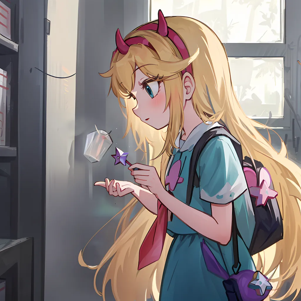 The image is of a girl with long blonde hair and devil horns. She is wearing a blue dress with a pink bow and a white collar. She is also wearing a red and white striped backpack. She is standing in a library, looking at a small, glowing object in her hand. The object is a crystal with a star inside it. The girl's eyes are wide with wonder, and she is smiling slightly. The image is drawn in a realistic style, and the colors are vibrant and bright.