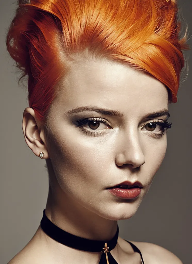 The picture shows a young woman with an unusual appearance. She has bright red hair styled in a complicated updo. Her skin is pale and flawless. Her eyes are dark brown and her lips are a deep red. She is wearing a black choker with a silver pendant. The woman's expression is serious and intense. She is looking at the camera with her head tilted slightly to one side. The background is a dark grey.