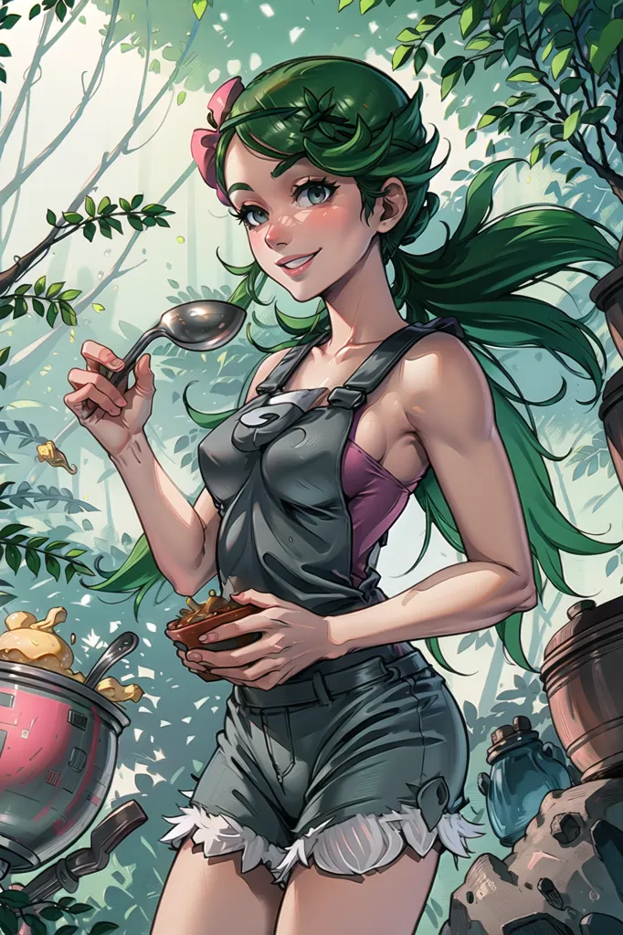 The image shows a young woman with green hair and eyes. She is wearing a pink tank top and gray overalls. She is holding a spoon and a bowl of food. She is standing in a forest and there are trees and leaves all around her. She has a pink bow in her hair and there is a pink flower on her chest.