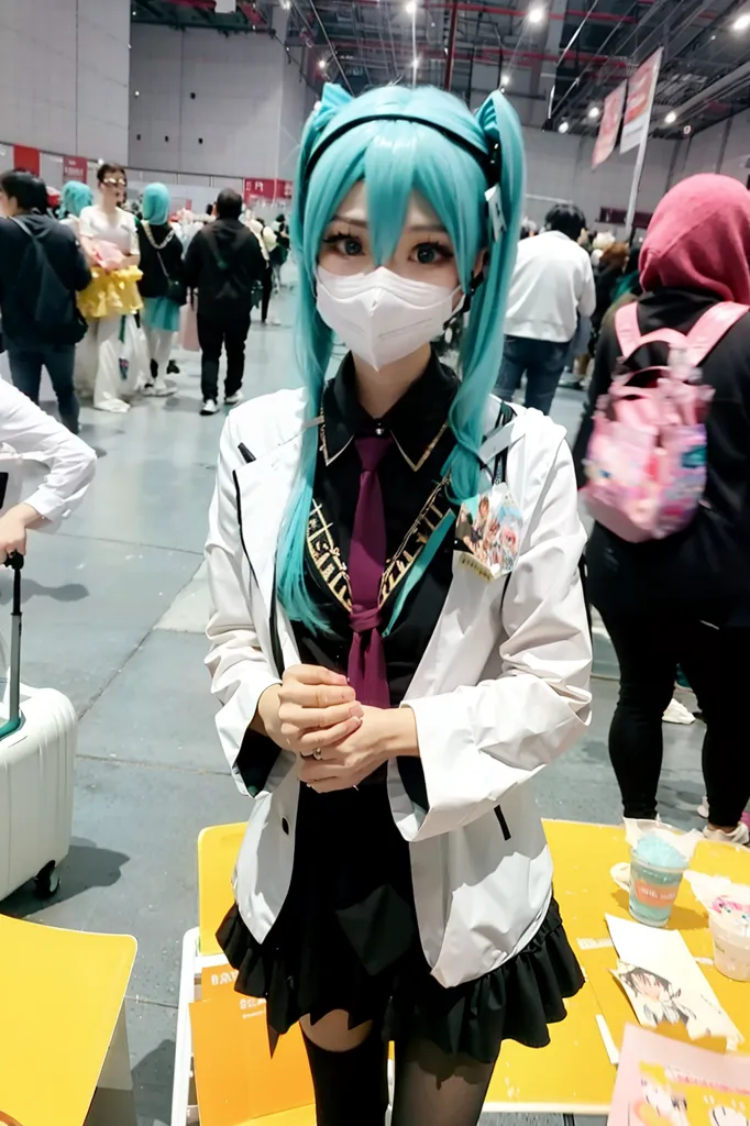 La photo montre une jeune femme aux cheveux bleu turquoise vifs. Elle porte une blouse de laboratoire blanche par-dessus un gilet noir et une jupe plissée. Elle a un masque blanc et regarde l'appareil photo. Il y a des gens qui marchent dans l'arrière-plan.