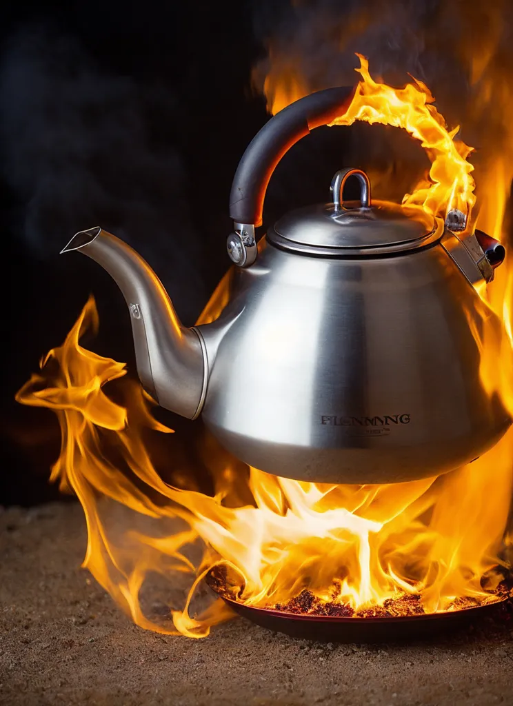 A silver kettle is sitting on a metal plate with flames coming out of the spout and flames licking the sides of the kettle. The kettle is positioned in the center of the image with flames framing the kettle on all sides. The background is black.