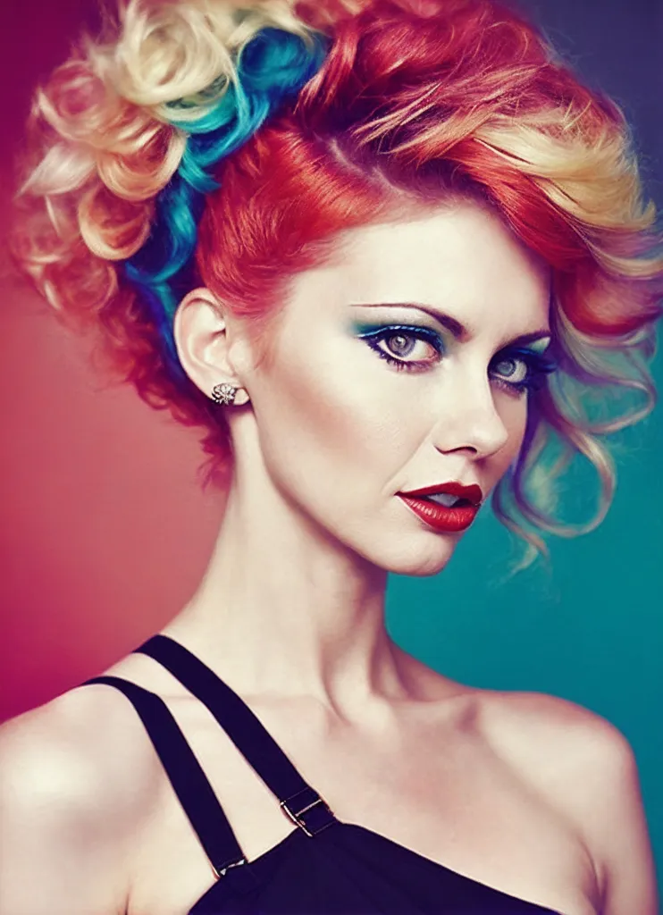 The photo shows a woman with an asymmetrical haircut. The hair on the left side of her head is blonde, while the hair on the right side is red. The hair on top of her head is blue. The woman has blue eyes and is wearing red lipstick. She is wearing a black dress. The background is pink and blue.