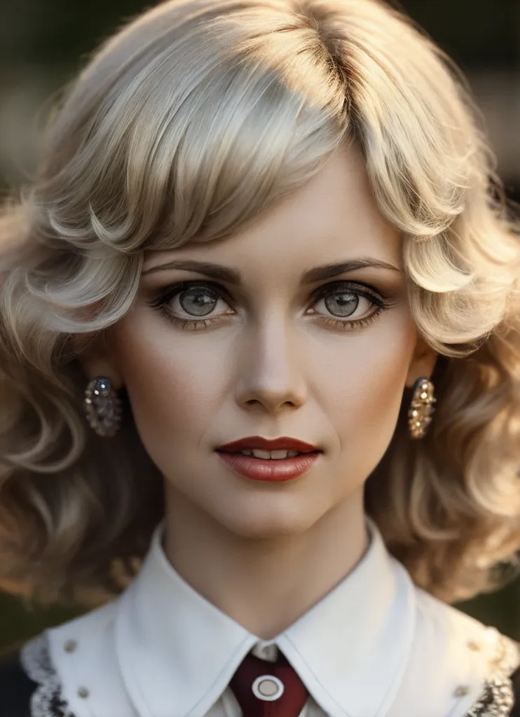 The picture shows a young woman with blond hair and gray eyes. She is wearing a white blouse with a red tie. The blouse has a Peter Pan collar with black lace trim. The woman is looking at the camera with a slight smile on her face. She has light makeup on and is wearing earrings. Her hair is styled in a vintage way with curls at the bottom and a swoop at the top.