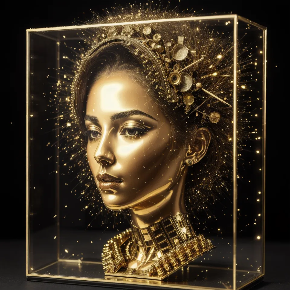 The image is a 3D rendering of a golden female head. The head is looking to the right of the frame. It has golden hair and golden makeup on its face. There is a golden crown on its head and a golden necklace around its neck. The head is encased in a glass box with a black background.