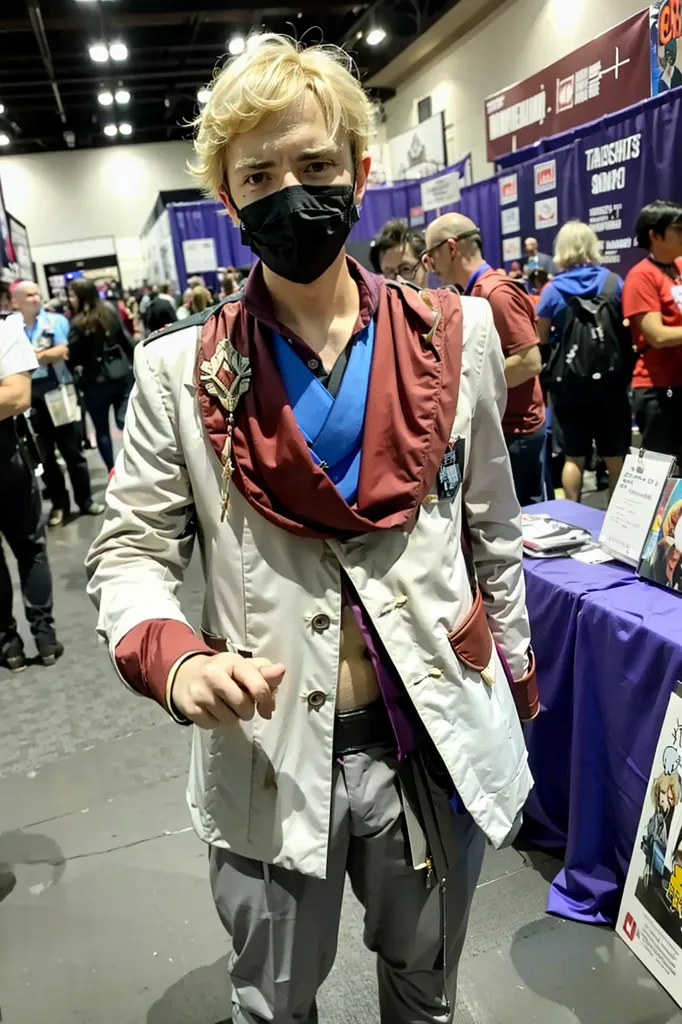 The image shows a cosplayer dressed as the character V from the video game Cyberpunk 2077. The cosplayer is wearing a white jacket with a blue and red scarf and a black mask. They have short blond hair and are pointing at the camera.