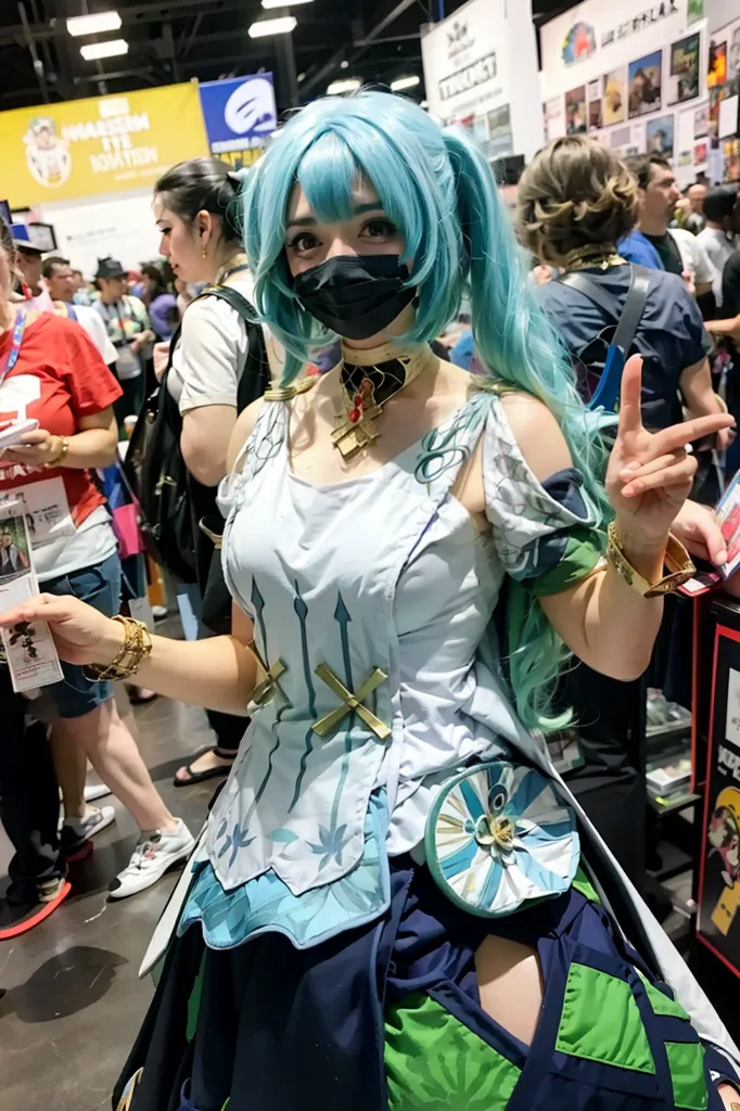 The image shows a cosplayer dressed as the character Mona from the video game Genshin Impact. She is wearing a blue and white dress with a green underskirt, a black mask, and a blue wig. She is also carrying a book. The cosplayer is standing in a large crowd of people, all of whom are dressed in costumes.