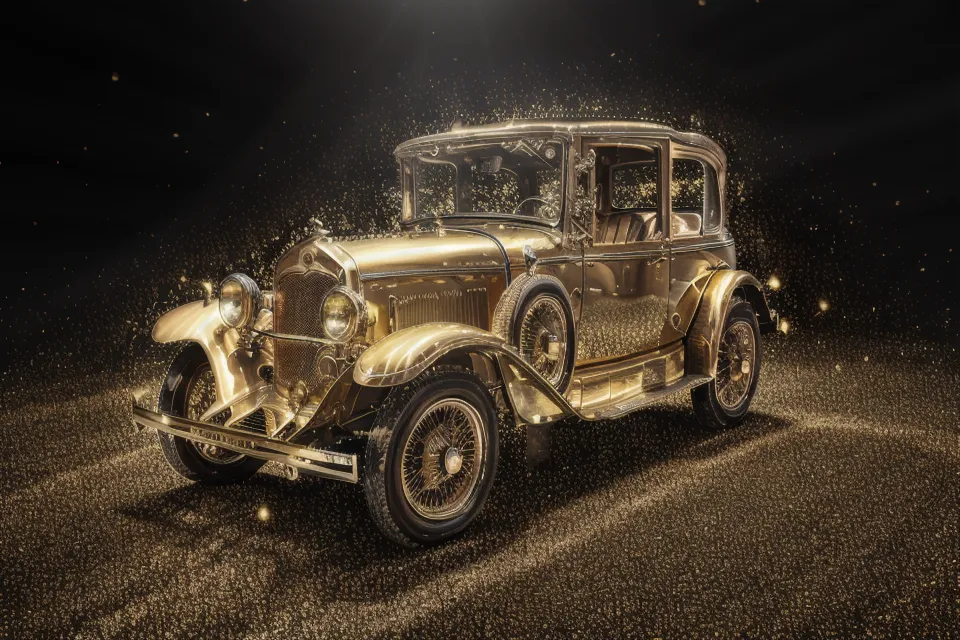 A imagem mostra um carro vintage dourado. É um sedã de quatro portas com um fundo preto. O carro está parado em uma estrada feita de areia dourada. Há partículas douradas flutuando ao redor do carro.