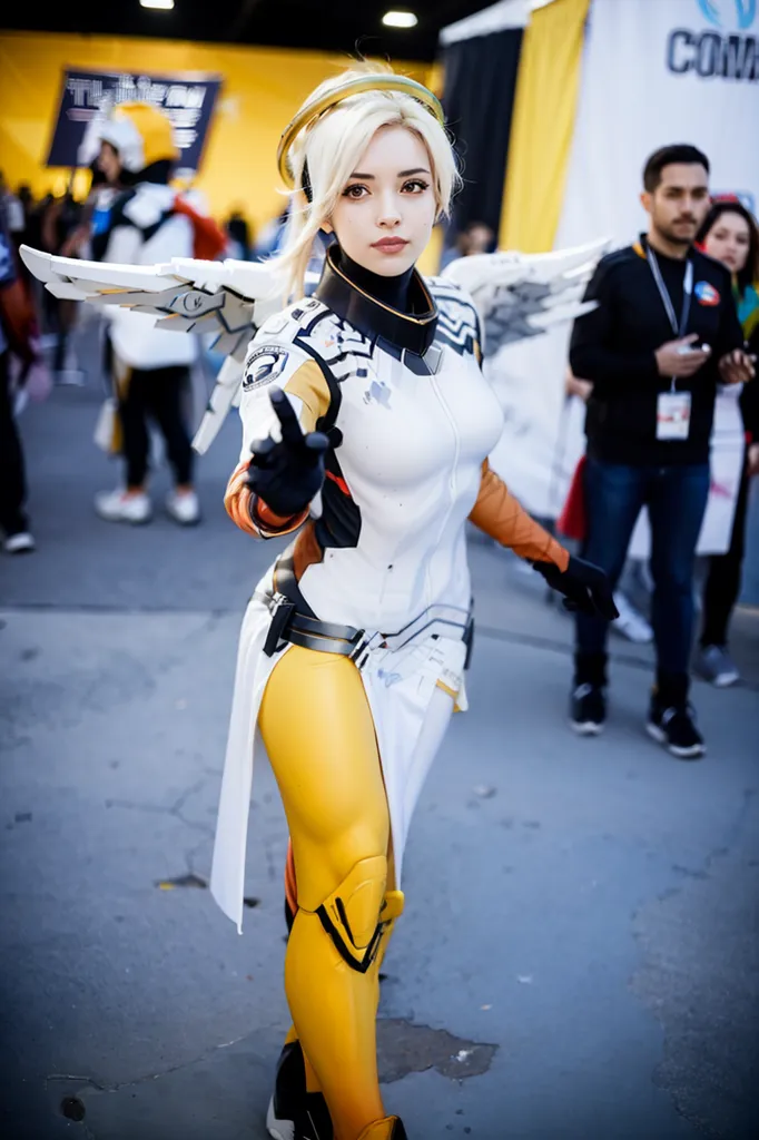 A imagem contém uma mulher jovem vestida em um cosplay da personagem Mercy do jogo de vídeo Overwatch. Ela está usando um macacão branco e amarelo, com uma peruca loira longa e um acessório em forma de halo na cabeça. Ela também está carregando um cajado. A mulher está em pé em um centro de convenções, e há pessoas ao fundo.