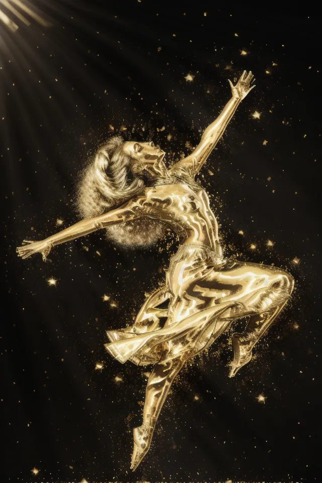 This is an image of a woman who appears to be dancing. She is in a mid-air leap, with her arms and legs outstretched. She is wearing a gold-colored leotard that is shimmering in the light. Her hair is long and flowing, and she has a serene expression on her face. The background is black, with tiny points of light that resemble stars. The overall effect is one of beauty and grace.