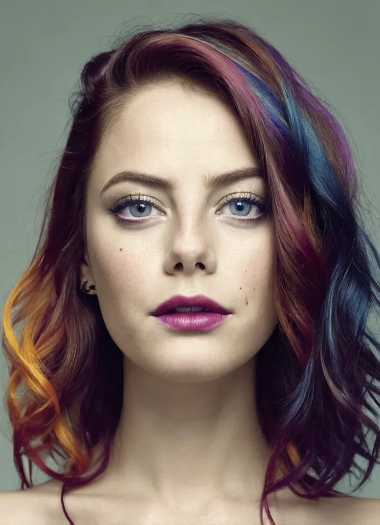 L'image montre une jeune femme aux cheveux multicolores. Les cheveux du côté gauche de sa tête sont orange, jaune et rouge. Les cheveux du côté droit de sa tête sont bleus, verts et violets. Elle a les yeux bleus et du rouge à lèvres rose. Elle porte une chemise blanche et un collier noir.