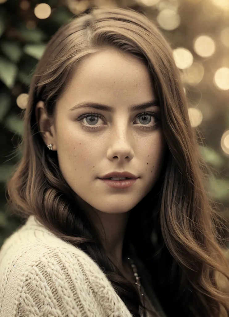 The image is a portrait of a young woman with long, wavy brown hair. She has fair skin and light blue eyes. She is wearing a white sweater with a light gray collar. The background is blurry and consists of green and yellow lights. The woman is looking at the camera with a soft expression.