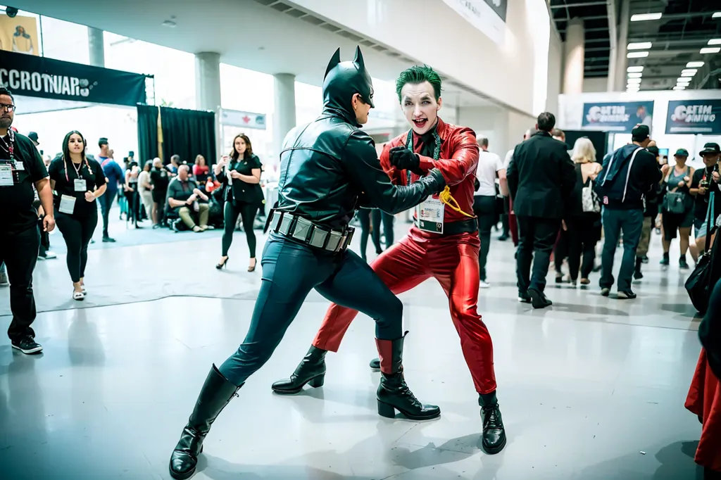 The image shows two people in costumes, engaged in a fight. One is dressed as Batman, the other as the Joker. The Batman cosplayer is wearing a black leather suit with a yellow utility belt, a black cape, and a black mask with pointed ears. He is also wearing black boots and gloves. The Joker cosplayer is wearing a red suit with a yellow shirt, a purple vest, and a green wig. He is also wearing black boots and gloves. The two cosplayers are standing in a large room, surrounded by people. The room is lit by bright lights.