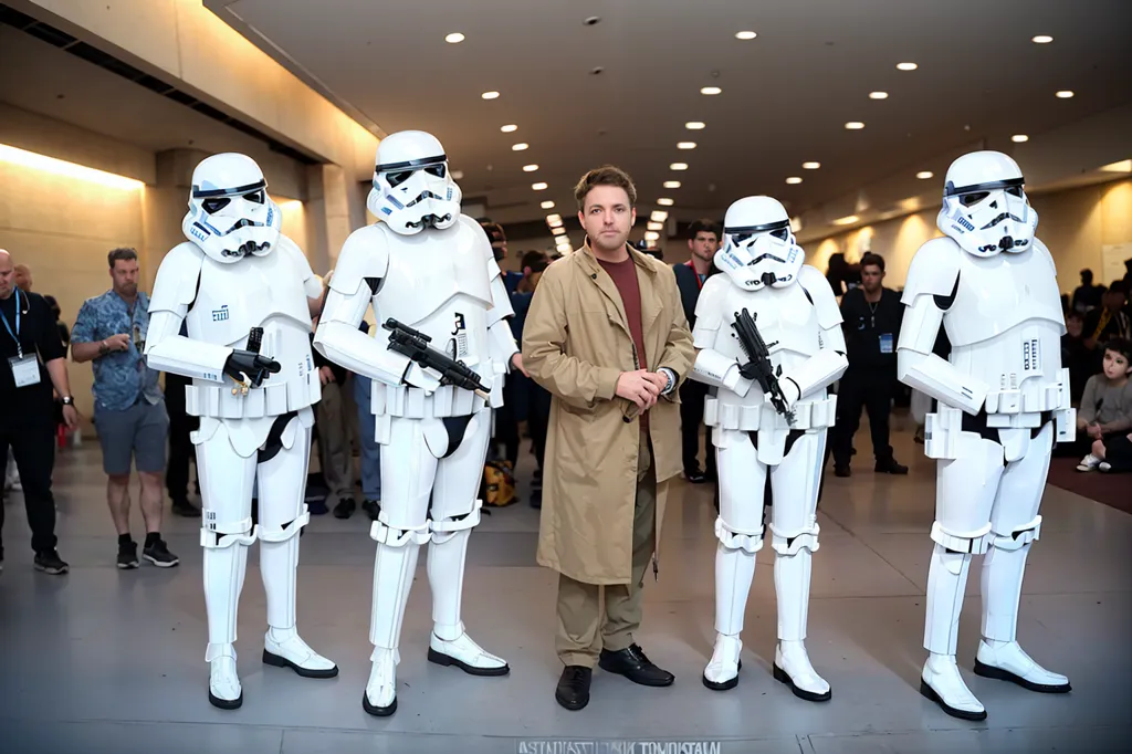 L'image montre un groupe de cinq personnes vêtues de costumes de Stormtrooper de Star Wars. Ils se tiennent dans un couloir, avec un homme en manteau beige debout devant eux. L'homme regarde la caméra, tandis que les Stormtroopers regardent dans différentes directions. Il y a des gens qui marchent en arrière-plan.