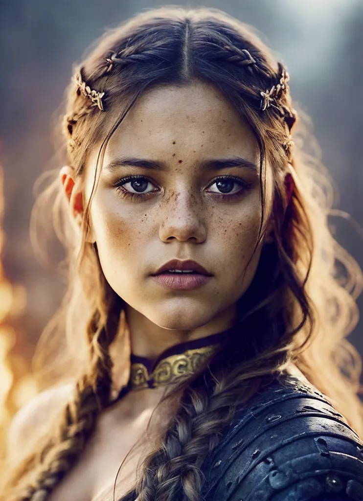 This image shows a young woman with long, braided hair and brown eyes. She is wearing a dark-colored tunic or dress with a gold-colored necklace and a gold-colored headband. She has a few freckles on her face and her lips are slightly parted. She is looking at the viewer with a serious expression. The background is blurry and looks like it is a forest.