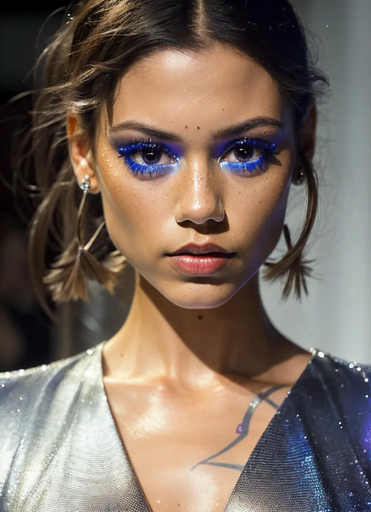 The image shows a young woman with blue eyeshadow and dark hair. She is looking at the camera with her head tilted slightly to the right. Her hair is pulled back into a low ponytail and she is wearing a silver dress with a plunging neckline. Her makeup is flawless, with a light foundation and perfectly groomed eyebrows. The blue eyeshadow is the focal point of her makeup, and it is applied in a bold, geometric shape that extends from the inner corner of her eye to the outer corner of her brow. The eyeshadow is a bright, electric blue that contrasts with her dark hair and fair skin. The woman's lips are a glossy nude color and her cheeks are flushed with a warm pink. She is wearing a pair of silver earrings and a silver necklace. The background of the image is a dark, neutral color that allows the woman's face to stand out. The image is taken at a close-up angle, which allows the viewer to see the woman's face in great detail.