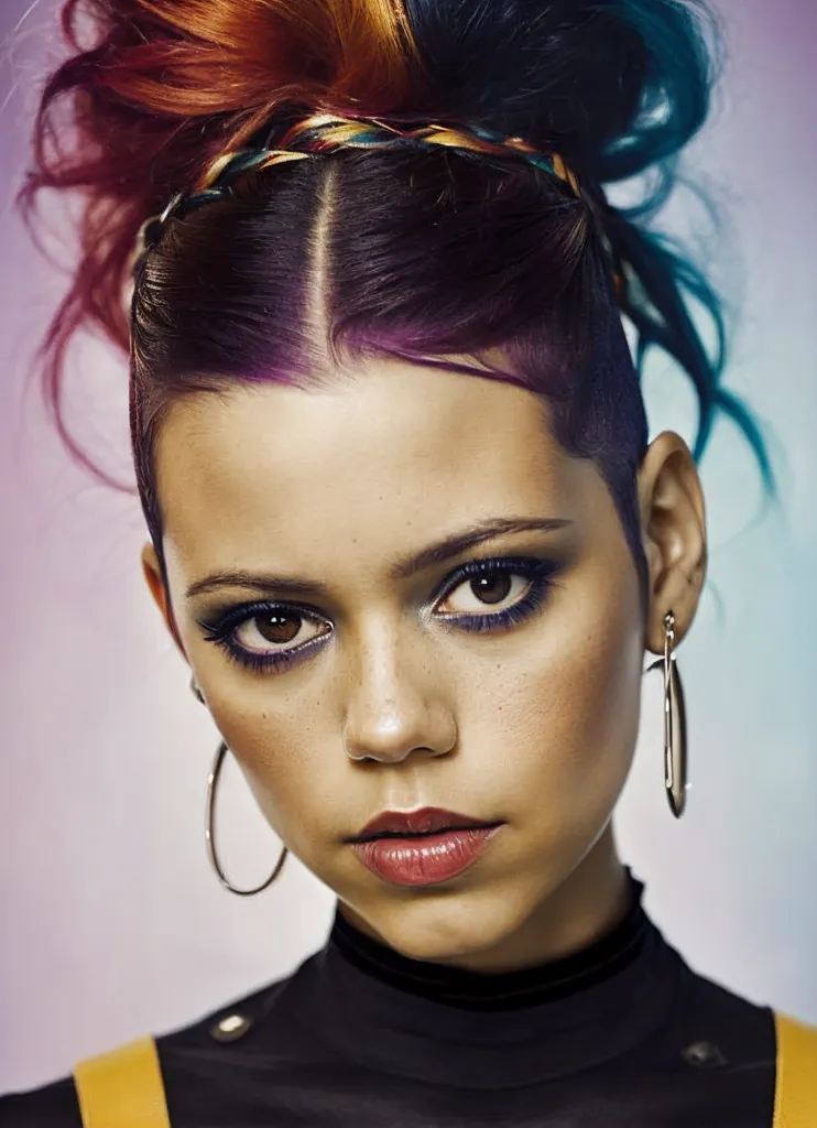 A imagem mostra uma mulher jovem com um corte de cabelo undercut. O cabelo na parte superior da cabeça é de uma cor laranja-vermelho brilhante, enquanto o cabelo na parte inferior é de uma cor azul-verde escura. Ela tem uma trança de cabelo roxo no lado direito da cabeça. Ela está usando uma blusa de gola alta preta com suspensórios amarelos. Ela tem um brinco de argola de prata no ouvido esquerdo. Sua maquiagem é escura e dramática, com delineador e sombra pesados. Ela olha para a câmera com uma expressão séria.