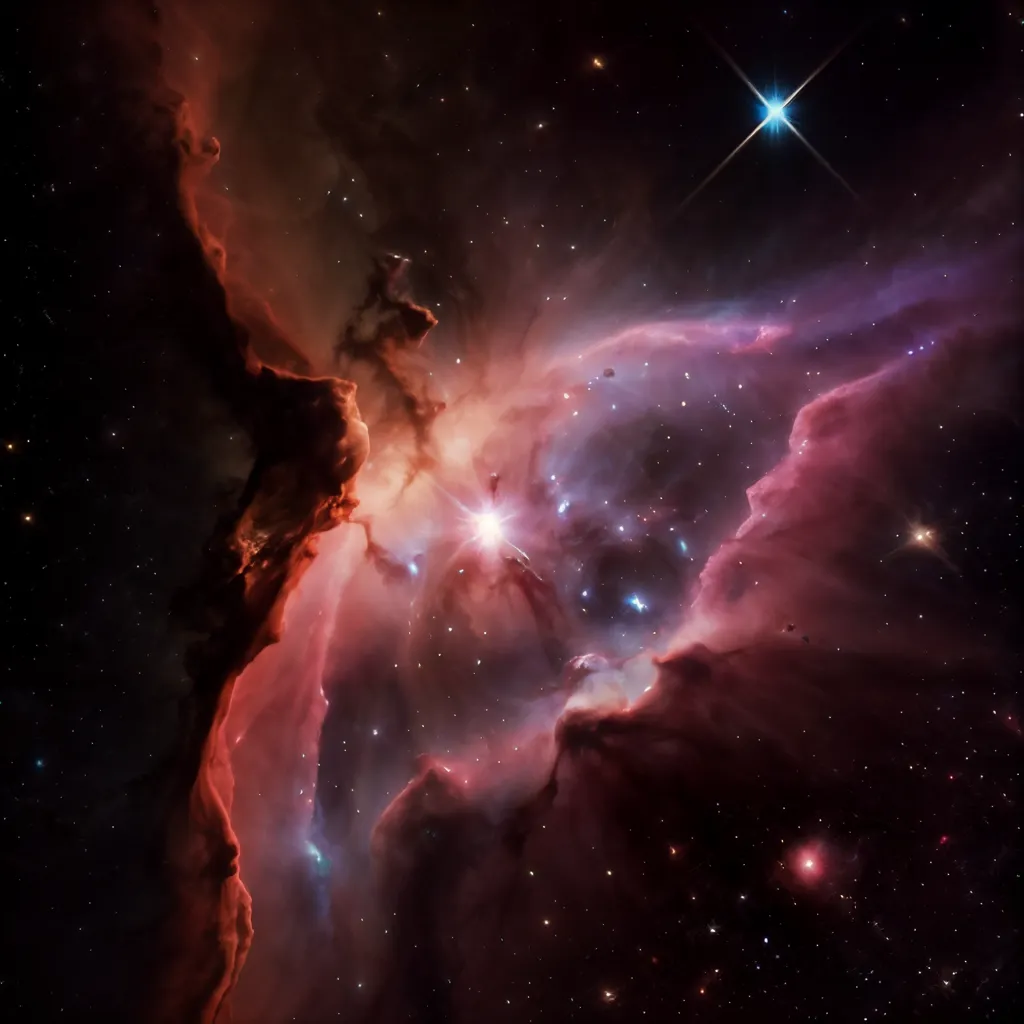 Gambar ini menunjukkan sebuah nebula yang indah di luar angkasa. Nebula adalah awan gas dan debu yang besar dan bercahaya. Ia diterangi oleh bintang terang yang terletak di dekat pusat gambar. Nebula dikelilingi oleh lautan bintang. Warna-warna dalam gambar ini adalah merah, biru, dan ungu. Nebula adalah pemandangan yang sangat indah dan memukau.