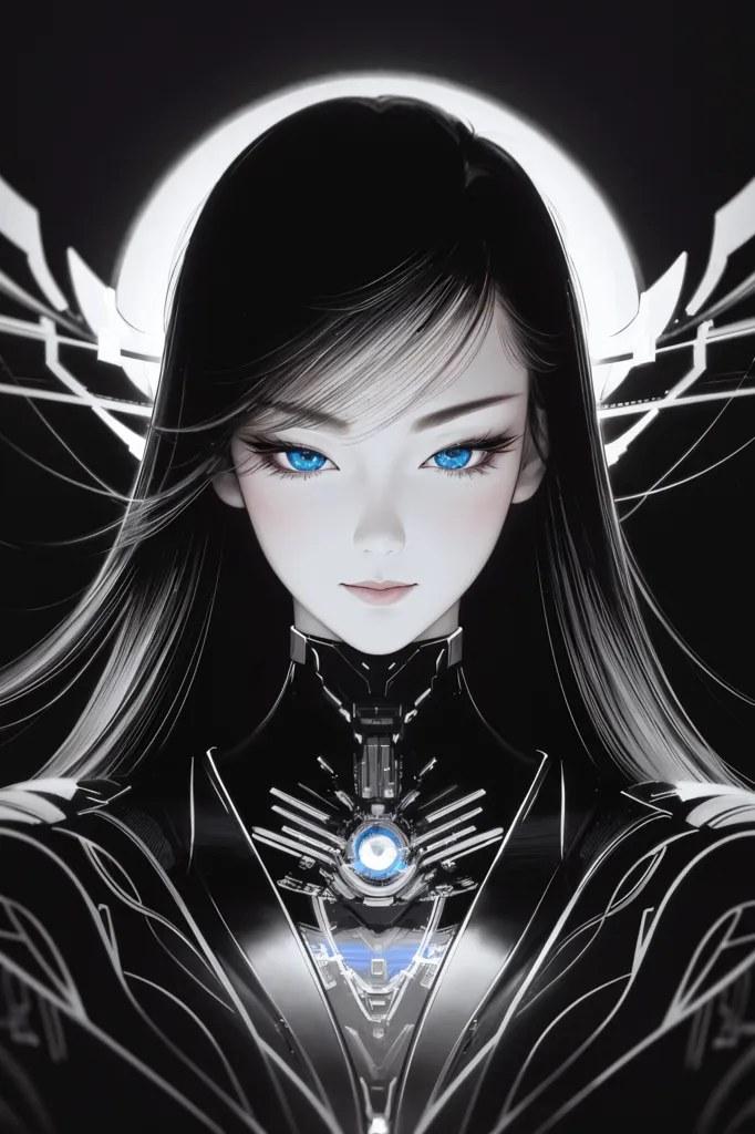 The image is a portrait of a young woman with long black hair and blue eyes. She is wearing a black and white bodysuit with a high collar. The bodysuit has a glowing blue circle in the center of the chest. The woman's expression is serious and determined. She is standing in front of a dark background with a bright white circle behind her head.