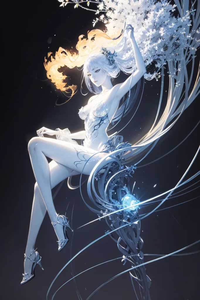 The image is of a beautiful woman with long white hair and blue eyes. She is wearing a white dress with a thigh-high slit and silver high heels. She is sitting on a crescent moon, surrounded by white flowers. The background is a dark blue night sky. The woman is looking at the viewer with a serene smile on her face.