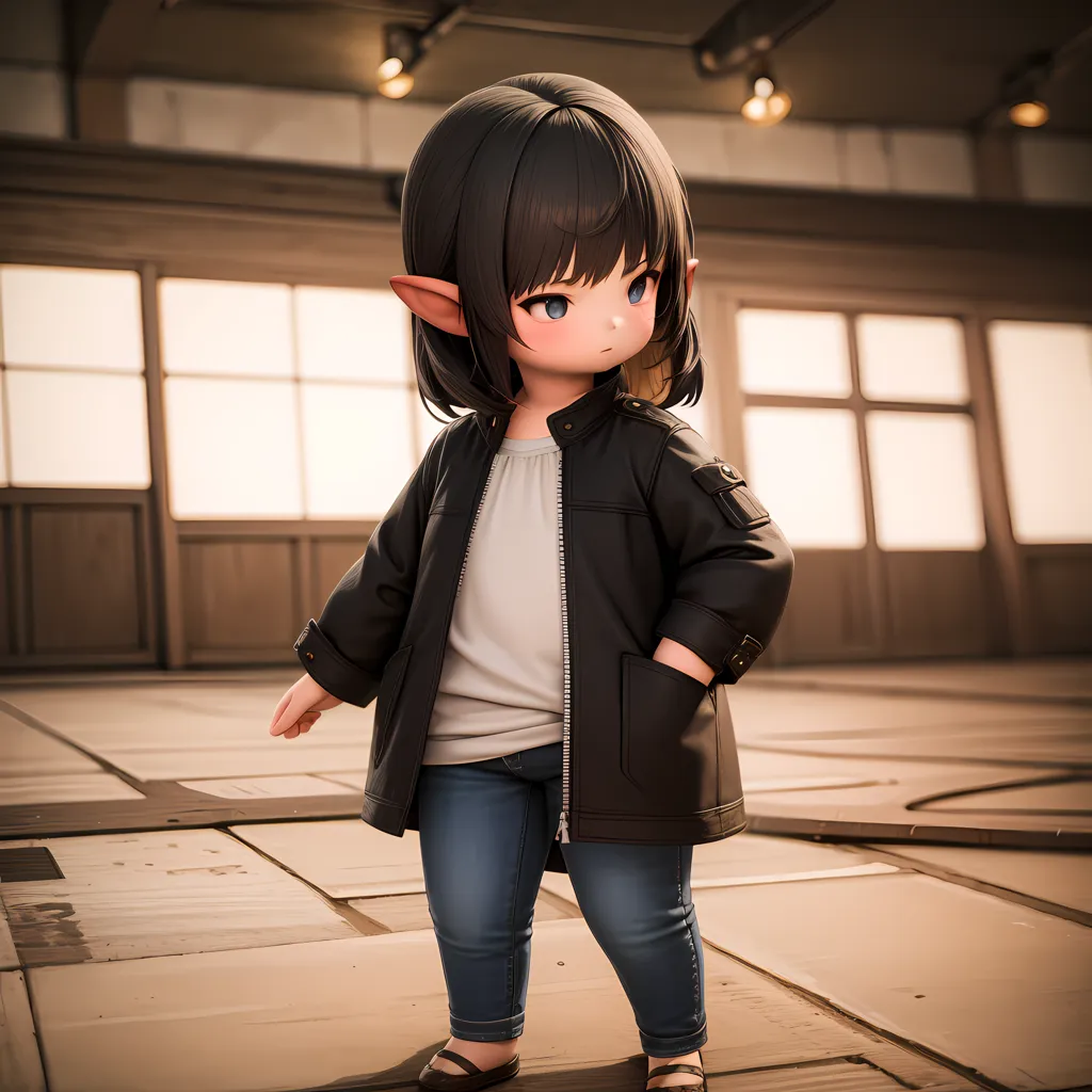 This image shows a young girl with dark hair and blue eyes. She is wearing a white shirt, blue jeans, and a black jacket. She also has elf ears. She is standing in a room with wooden floors and walls. There are windows on the left side of the room and spotlights on the ceiling.