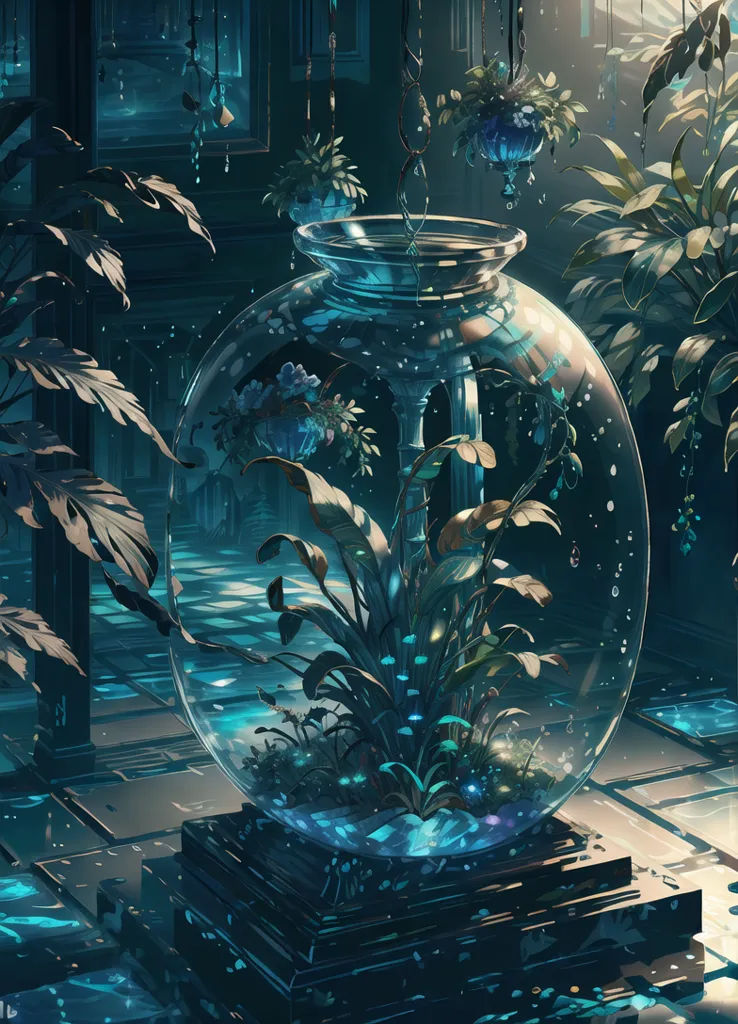 The image is a beautiful illustration of a terrarium. The terrarium is a large glass container with a metal base. Inside the terrarium, there are many different types of plants. The plants are all green and lush. There is also a small amount of water in the bottom of the terrarium. The terrarium is lit by a bright light. The light is coming from the top of the terrarium. The image is very calming and peaceful.