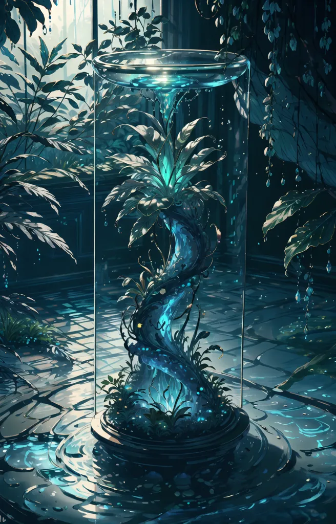 The image is a beautiful digital painting of a terrarium. The terrarium is a large glass cylinder with a dark blue base. Inside the cylinder is a lush green plant with long, flowing leaves. The plant is surrounded by small, delicate flowers and other plants. The terrarium is set in a dark, shadowy forest. The only light comes from a few small, glowing mushrooms. The image is very detailed and realistic. The artist has used a variety of colors and textures to create a sense of depth and realism. The image is also very atmospheric. The dark, shadowy forest creates a sense of mystery and intrigue. The glowing mushrooms add a touch of magic and wonder. The overall effect is a beautiful and captivating image that draws the viewer in and makes them want to learn more about the world of the terrarium.