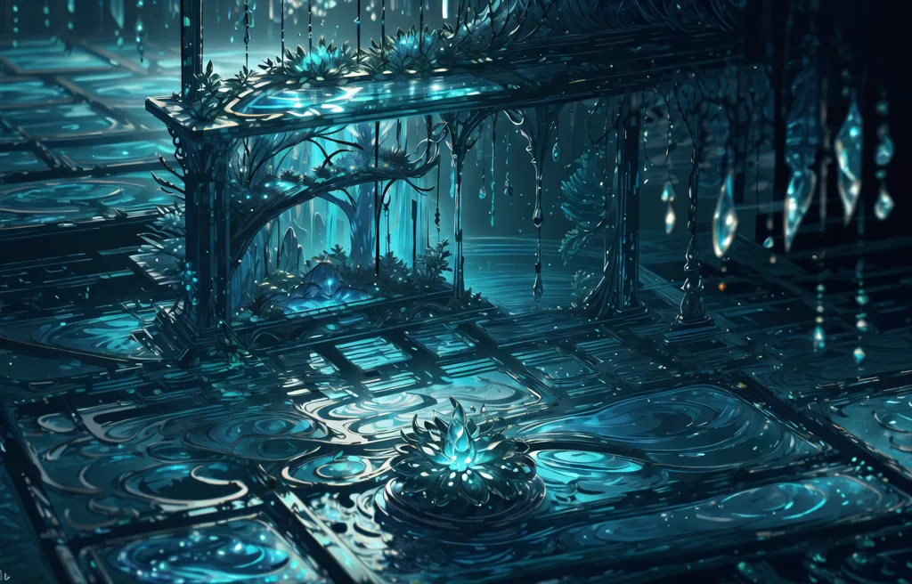 La imagen es una pintura digital de un paisaje alienígena azul y verde. La escena es un pasillo largo y estrecho con un techo alto. El piso está hecho de baldosas cuadradas grandes y las paredes están hechas del mismo material. Colgando del techo hay extrañas plantas azules y verdes. Hay una luz azul que proviene de algún lugar en la distancia.