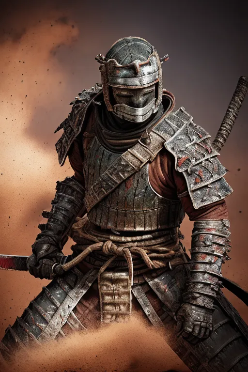 A imagem mostra um guerreiro samurai usando um capacete e armadura. O samurai está em pé no deserto e há uma tempestade de areia ao fundo. O samurai está segurando uma espada em cada mão. A armadura do samurai é feita de metal e está coberta de arranhões e amassados. O capacete do samurai tem uma viseira e também está coberto de arranhões e amassados. O rosto do samurai não é visível, mas seus olhos estão brilhando em vermelho.