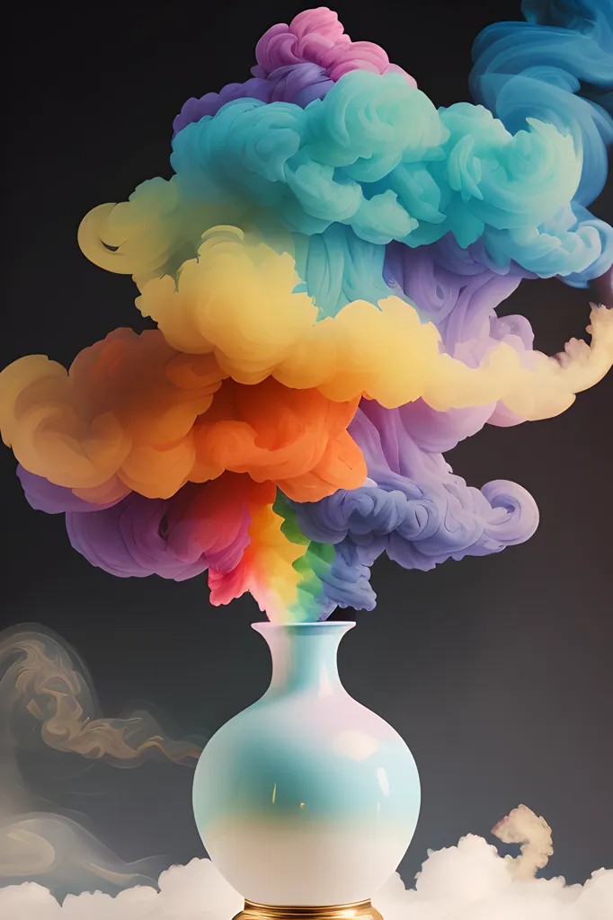 The image is a 3D rendering of a white vase with a rainbow-colored smoke cloud coming out of it. The smoke cloud is made up of multiple colors, including red, orange, yellow, green, blue, and purple. The vase is sitting on a white pedestal, and there are white clouds behind it. The background is a dark blue color.