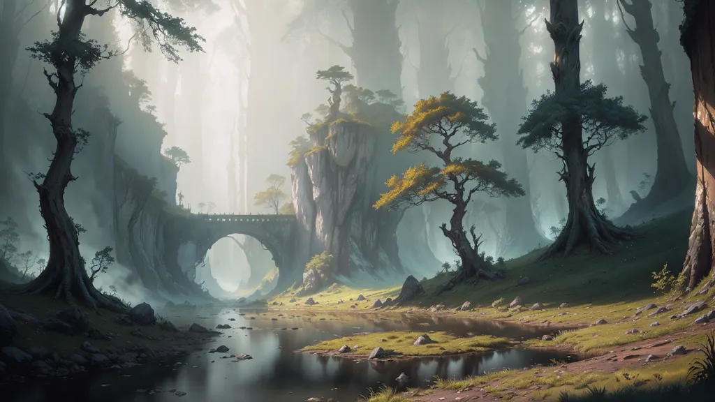 The image is a digital painting of a forest. The forest is made up of tall, leafy trees with large, gnarled branches. The trees are so tall that they block out the sun, creating a dark and shadowy atmosphere. The ground is covered in a thick layer of leaves and moss. There is a river running through the forest, and a small bridge crosses the river. The bridge is made of stone and has a pointed arch. There is a large rock in the middle of the river, and the water is rushing around it. The sky is dark and cloudy, and there is a mist hanging in the air. The image is full of mystery and intrigue, and it invites viewers to explore the forest and discover its secrets.