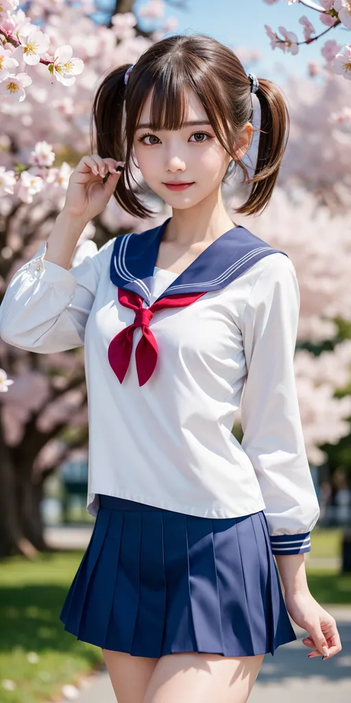 The image shows a young woman, with brown hair tied in pigtails, wearing a white and blue sailor-style uniform with a red ribbon. She has her hand on her hair and is standing in front of a tree with pink blossoms. The background is blurred.