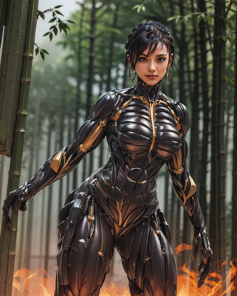 La imagen es una pintura digital de una mujer de pie en un bosque de bambú. Lleva un body negro y dorado que le cubre todo el cuerpo. El traje tiene un diseño futurista y está hecho de un material que parece metal. La mujer tiene el cabello corto y negro y los ojos marrones. También lleva un par de botas negras. El fondo de la imagen es un borrón de árboles de bambú verde. También hay un fuego en el suelo frente a ella. La mujer está de pie en una pose poderosa y parece lista para luchar.