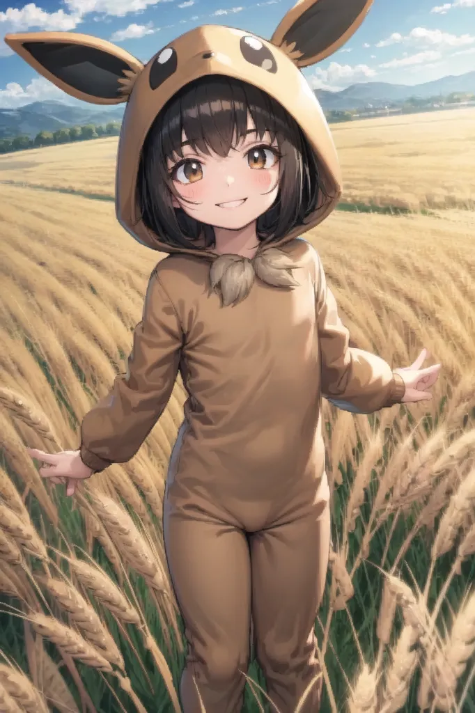 The image is of a young girl with brown hair and brown eyes. She is wearing a brown hoodie with a hood that has two large ears that resemble those of a Pokemon character, Eevee. The girl is standing in a field of tall grass, and she has a happy smile on her face. In the distance is a mountain range. The sky is blue and there are white clouds.