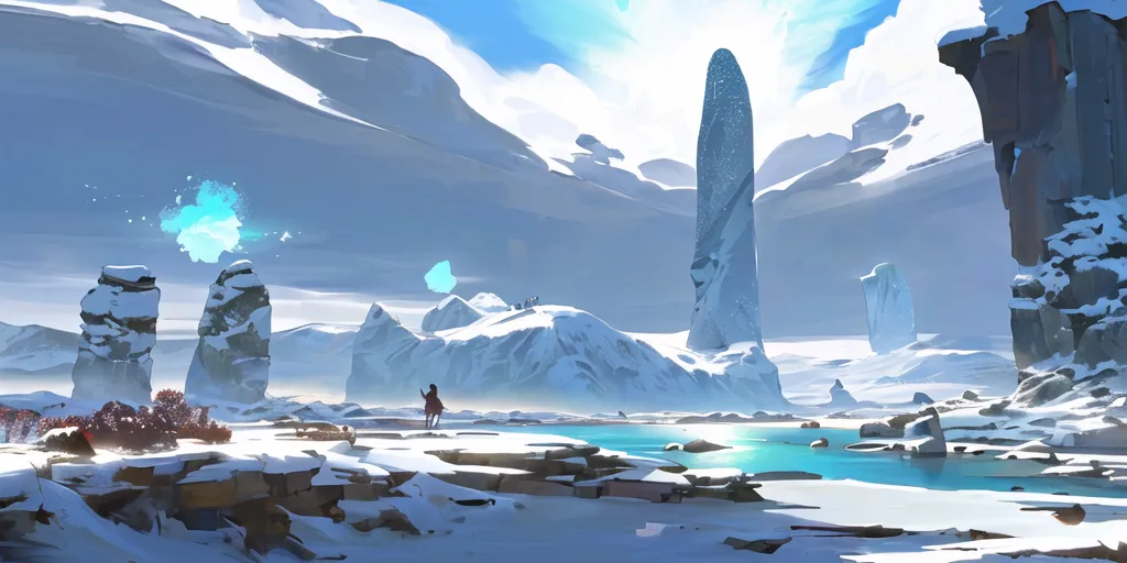 The image is a winter landscape. There is a large frozen lake in the middle of the image, with snow-covered mountains in the background. The sky is blue and there are some clouds in the sky. There is a large rock in the middle of the lake. There is a person standing on the shore of the lake. The person is wearing a red cloak. There are some rocks and vegetation on the shore of the lake.